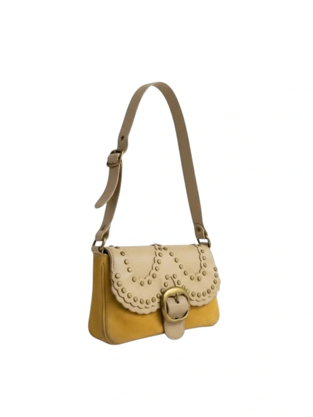 Vintage 90’s: Moschino ♔ Colorblock Studded Flap Shoulder Bag ♔ Yellow Leather